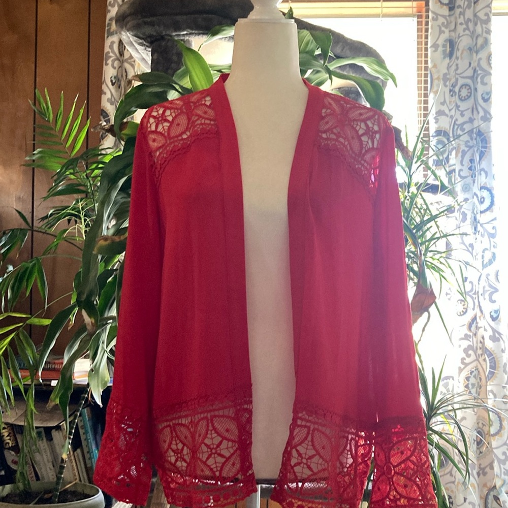 Christmas red long sleeve open front top with lace on sleeves & bottom